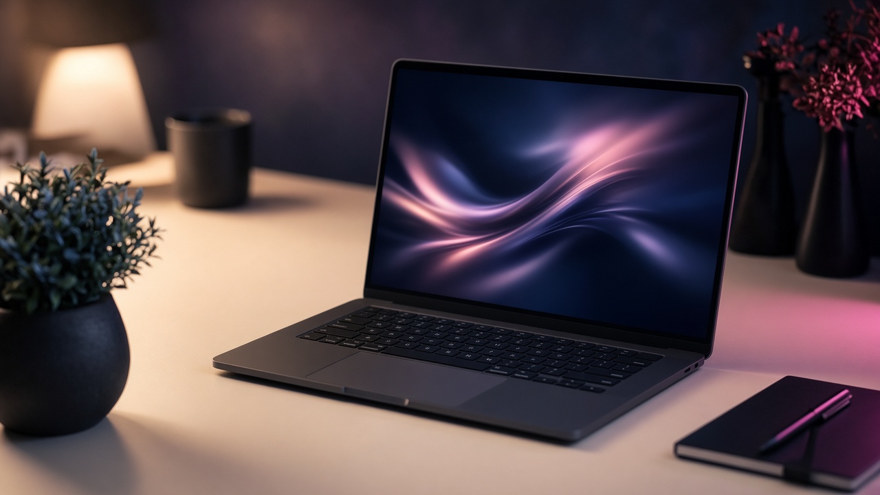 Laptop su scrivania crema con sito immersivo scuro sullo schermo, luci soft blu e rosa.