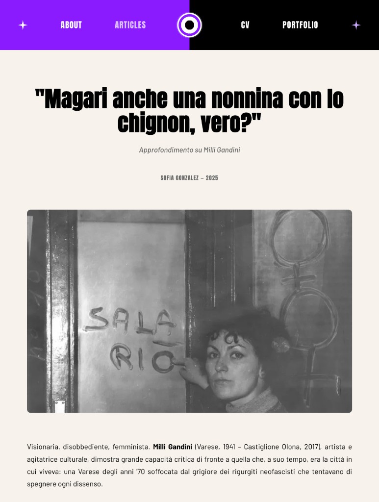 Articolo su Milli Gandini, visto su tablet, con la fotografia in bianco e nero.